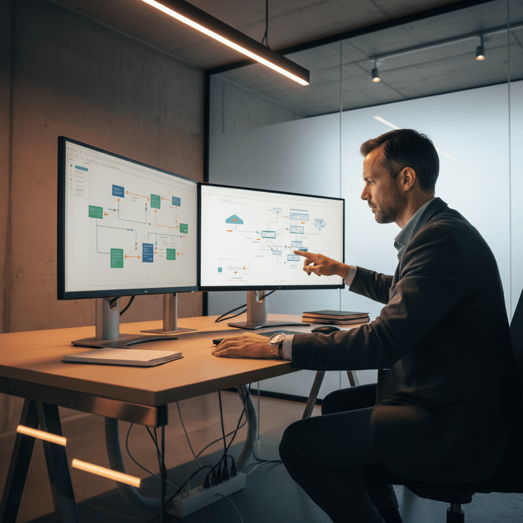 IT consultant reviewing system architecture on dual monitors