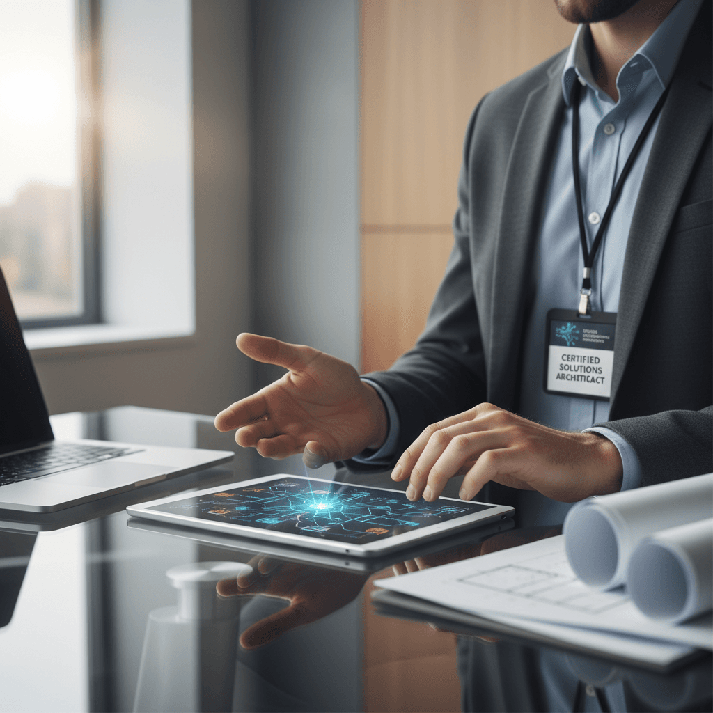 IT consultant reviewing infrastructure diagrams on tablet