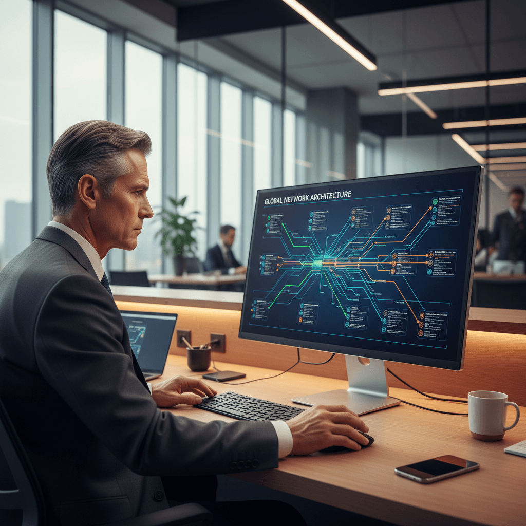 IT consultant analyzing system architecture on multiple monitors